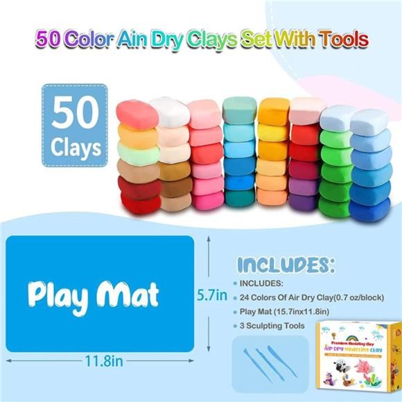 50 Colors Air Dry Clay, Modeling Clay for Kids with Play Mat & 3 Sculpting Tool - Picture 2 of 7